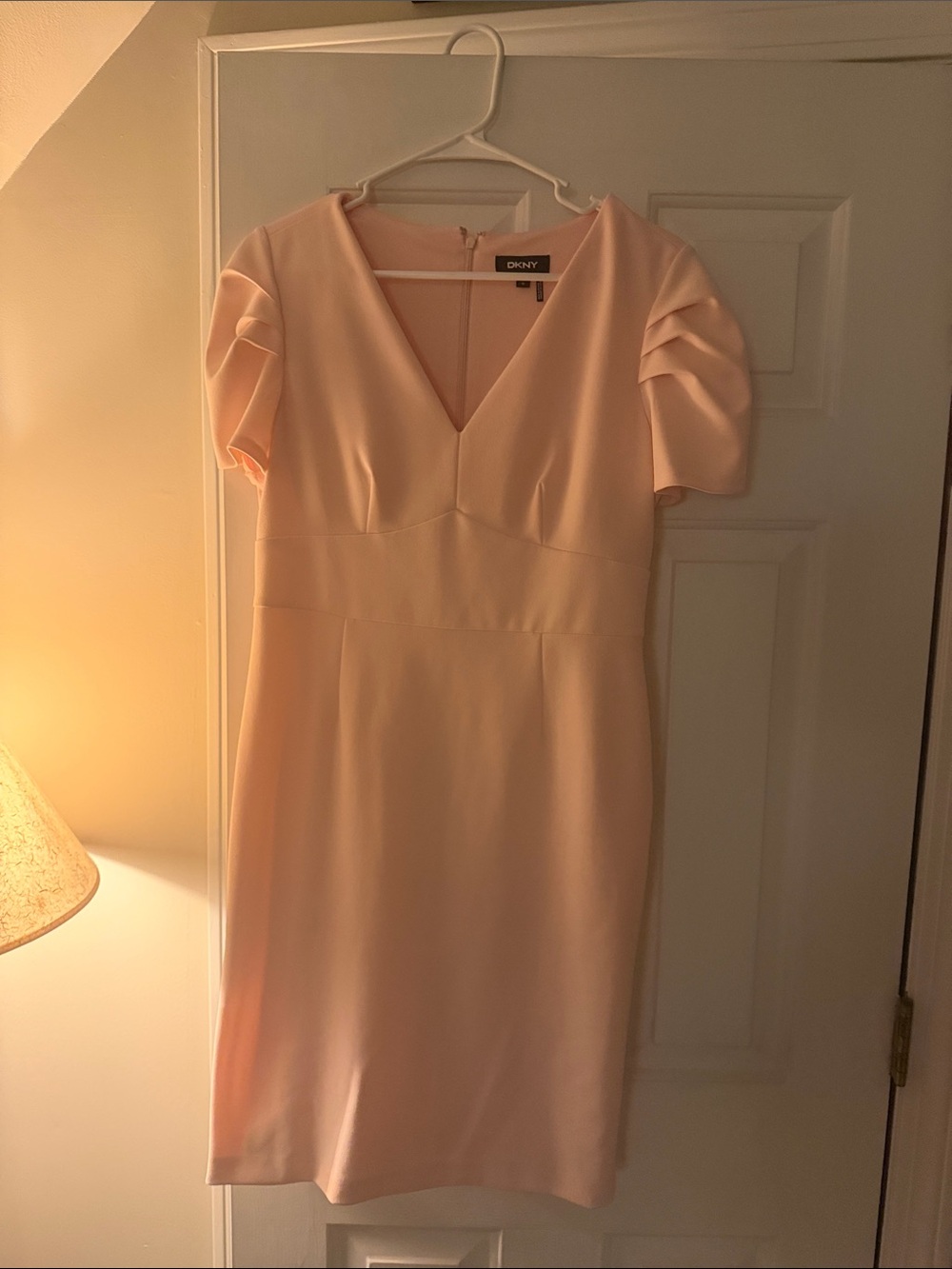 DKNY Soft Pink V-Neck Sheath Dress with Pleated Short Sleeves